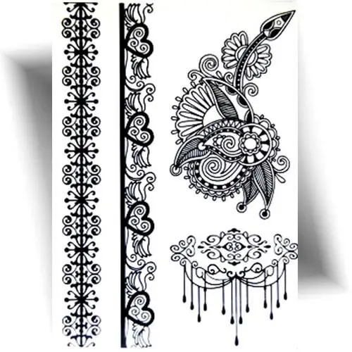 Tatouage éphémère effet dentelle cœur avec quatre motifs, incluant des bracelets et d'autres designs.