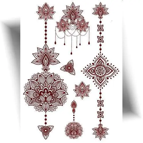 Tatouage effet henné mandala, planche de 6 motifs orientaux, tatouage temporaire brun naturel.