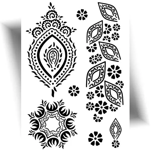 Planche de tatouages temporaires effet henné noir avec motifs Mehndi, style oriental, facile à appliquer avec une tenue de 3 à 7 jours.