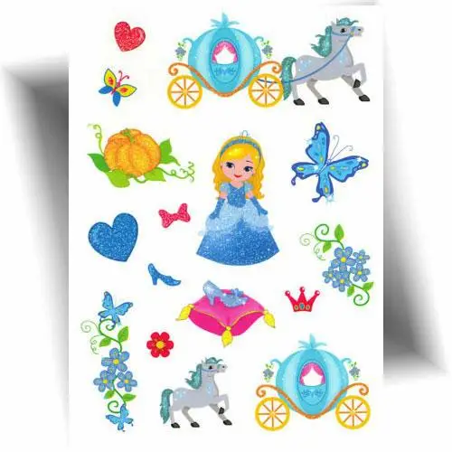 Tatouages temporaires pailletés pour enfants – motifs conte de fées avec princesse, carrosse, couronne et citrouille