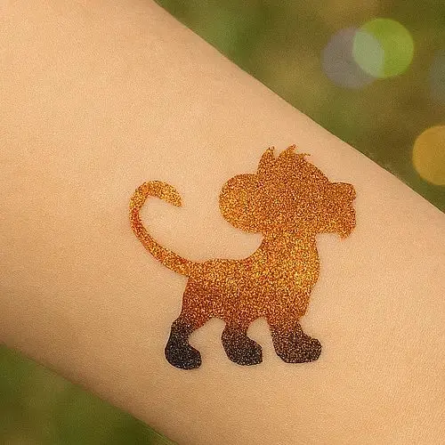 Tatouage temporaire pour enfant représentant un lionceau, réalisé avec de la colle cosmétique, un pochoir adhésif et des paillettes dorées.