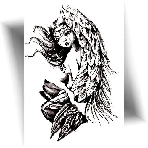 Tatouage éphémère ange triste en noir et gris au style réaliste, idéal pour le bras, le dos ou le mollet.