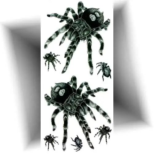 Tatouage éphémère araignée noire réaliste composé de 7 motifs temporaires, facile à appliquer, idéal pour Halloween, soirées ou tester un tatouage.