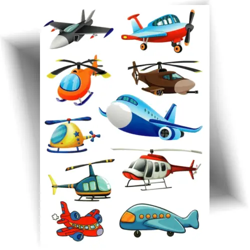 Planche de tatouages éphémères avion et hélicoptère pour enfant avec 10 motifs aviation au design coloré et enfantin.