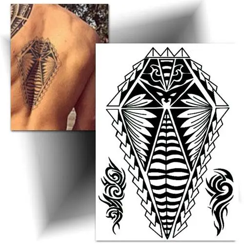 Tatouage éphémère bouclier Maori noir, motif polynésien symbolisant la force et la protection, idéal pour le bras, la cuisse ou le dos.