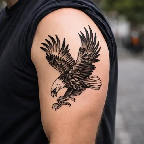 Tatouage temporaire aigle royal en noir et gris appliqué sur le bras, motif réaliste symbolisant la force et la liberté.