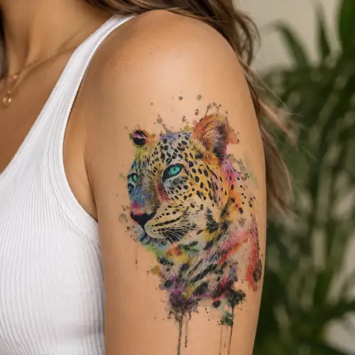 Femme portant un tatouage panthère temporaire coloré sur le haut du bras, avec un motif félin au style aquarelle et un regard turquoise.