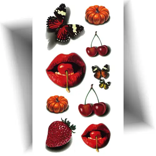 Tatouage éphémère cerise 3D, motifs cerise, papillon et fraise, effet réaliste 3D, application facile et tenue 3 à 7 jours.