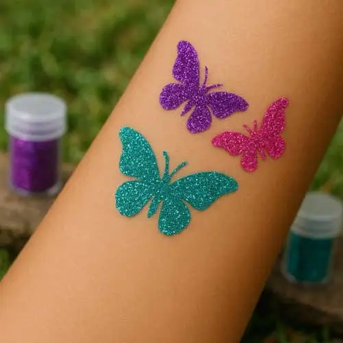 Tatouage éphémère de trois papillons en paillettes colorées — turquoise, violet et rose — appliqué sur un bras à l’aide d’un pochoir adhésif, de colle cosmétique et de paillettes brillantes