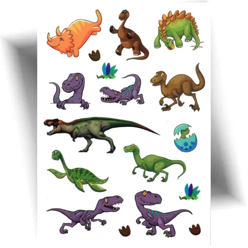 Planche de tatouages éphémères dinosaure pour enfant avec 10 motifs Jurassic colorés, faciles à appliquer et adaptés aux enfants dès 3 ans.