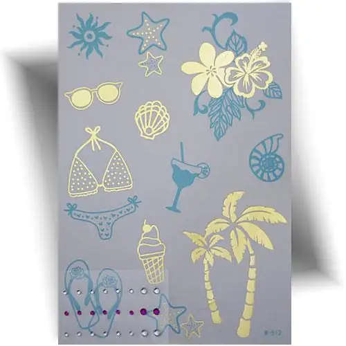 Tatouage éphémère doré vacances avec 12 motifs estivaux métalliques – palmiers, coquillages et accessoires de plage.