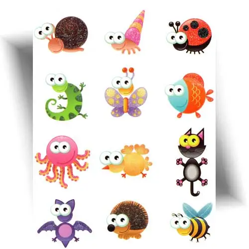 Tatouage temporaire pailleté cartoon pour enfant – motifs animaux mignons et scintillants, application facile à l’eau, sécurité peau enfants, durée 3 à 7 jours.