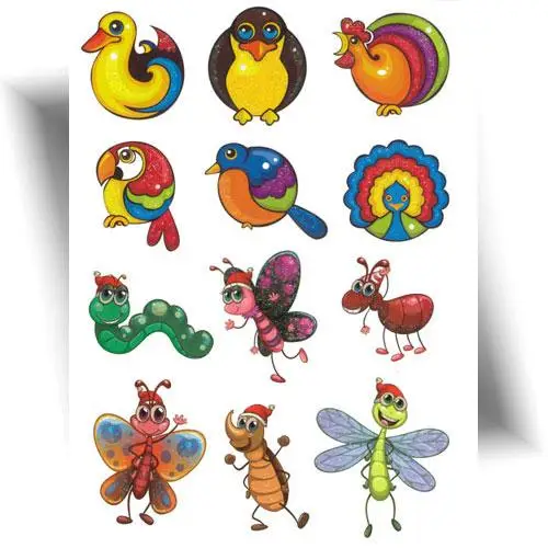 Tatouages temporaires enfants – planche de 16 motifs pailletés représentant des oiseaux et insectes colorés.