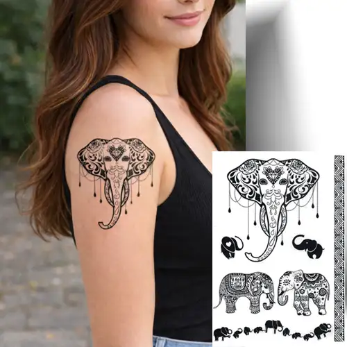 Tatouage éphémère éléphant femme noir, une planche composée de 7 motifs d'éléphants.