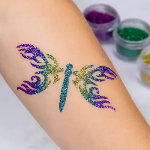 Tatouage éphémère libellule – motif réalisé avec pochoir adhésif, colle pour la peau et paillettes, adapté aux enfants et adultes.