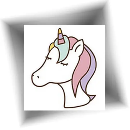 Tatouage éphémère représentant une petite tête de licorne pastel avec corne dorée.