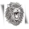 Tatouage temporaire lion avec crinière de plumes, motif noir réaliste.