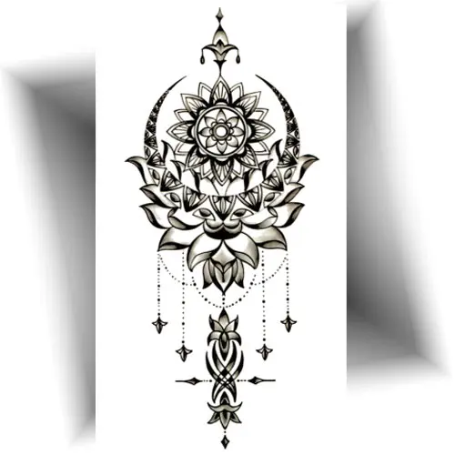 Tatouage temporaire mandala lune – design féminin en noir et gris