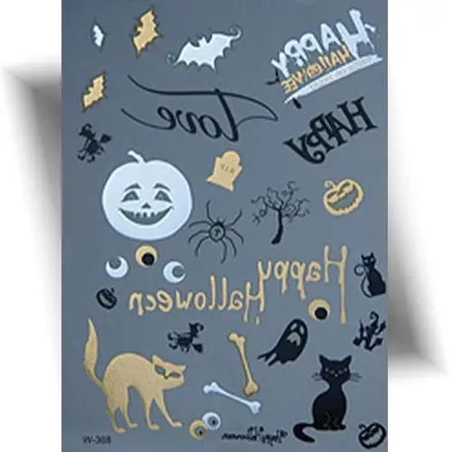 Tatouages éphémères motifs Halloween – motifs variées avec citrouilles, araignées, chats noirs, dorés... Faciles à appliquer, tenue 3 à 7 jours.