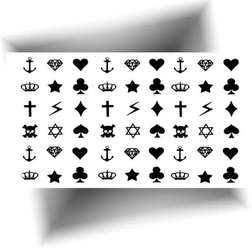 Planche de 54 mini tatouages éphémères noirs : croix, cœurs, éclairs, têtes de mort et autres symboles.