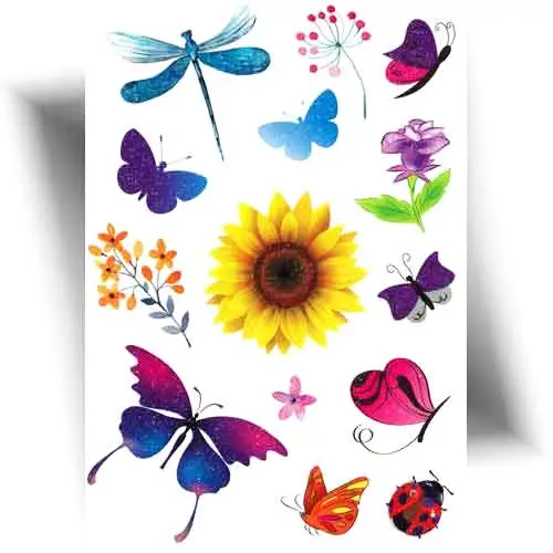 Tatouages éphémères pailletés printemps – fleurs, papillons, coccinelles et libellules pour une touche éphémère et colorée.