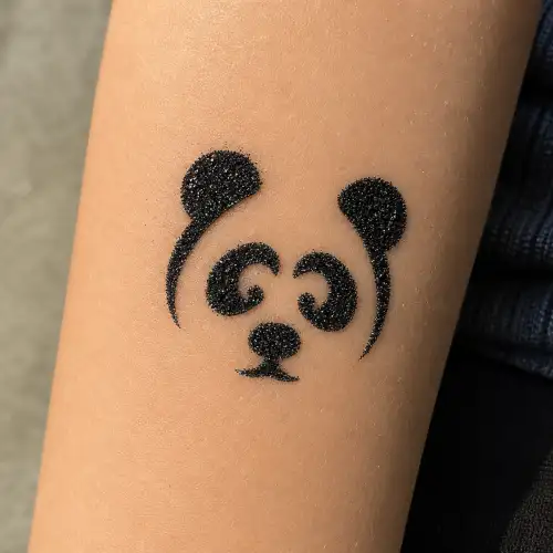 Tatouage temporaire panda en paillettes noires sur un bras d’enfant, réalisé avec un pochoir adhésif.