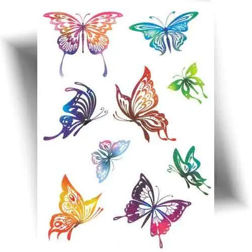 Tatouages temporaires papillons scintillants – 9 motifs pailletés colorés pour une application rapide et facile sur la peau.