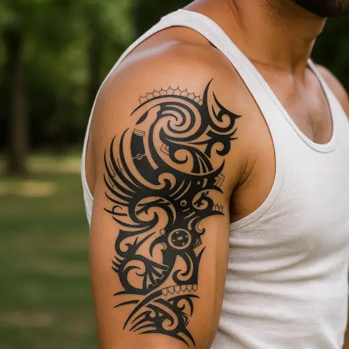 Tatouage temporaire polynésien noir, avec motifs tribaux.