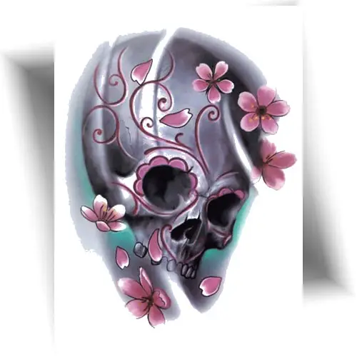 Tatouage temporaire Santa Muerte violet représentant une tête de mort mexicaine décorée