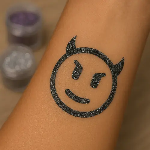Tatouage pailleté smiley diable réalisé avec un pochoir adhésif, de la colle pour la peau et des paillettes cosmétiques – idéal pour Halloween et les soirées festives.