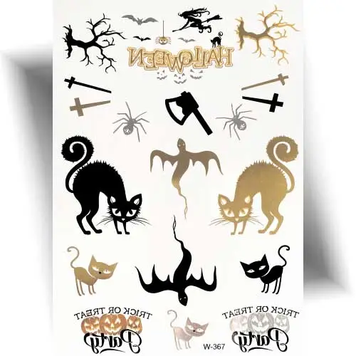 Tatouages éphémères Halloween métallisés dorés et argentés avec motifs chats noirs, fantômes et croix.