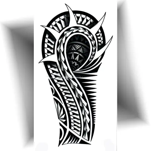 Tatouage temporaire noir motif Tahitien appliqué sur le haut du bras, style tribal réaliste.