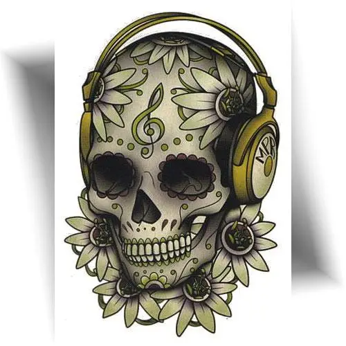 Tatouage éphémère tête de mort musicale Skull Music avec casque audio, clé de sol et fleurs
