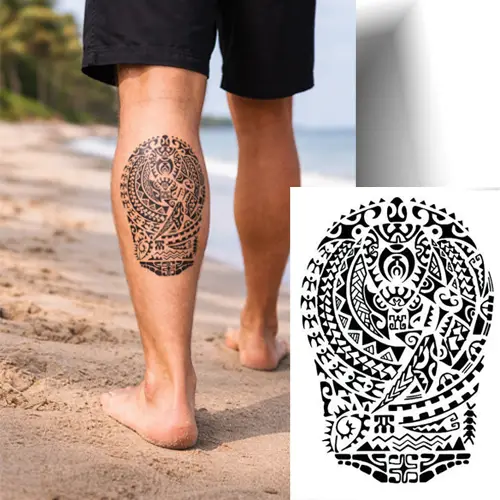 Tatouage éphémère tortue Maori en noir, motif tribal polynésien représentant la protection et le voyage, testé avant de faire un tatouage permanent.