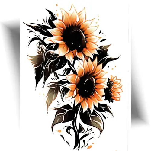 Tatouage temporaire représentant un tournesol, un style sombre et réaliste.