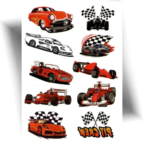 Planche de tatouages éphémères voitures de course pour enfant avec 10 motifs Formule 1 colorés et faciles à appliquer.