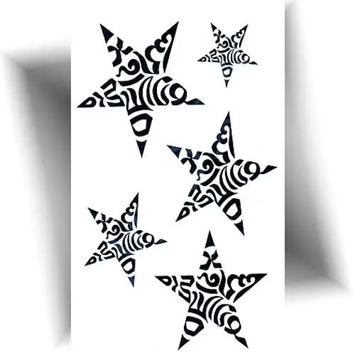Planche de 5 mini tatouages éphémères étoiles tribales noires, motifs minimalistes pour poignet, cheville ou derrière l’oreille.
