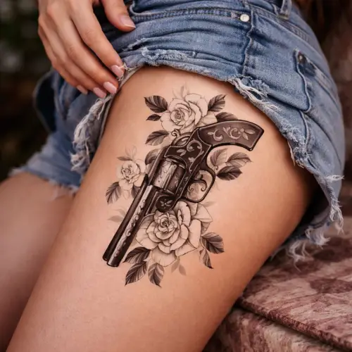 Tatouage temporaire revolver femme style old school