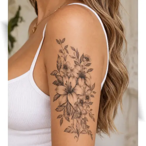 Tatouage éphémère fleur de lys noir et gris sur le bras d’une femme