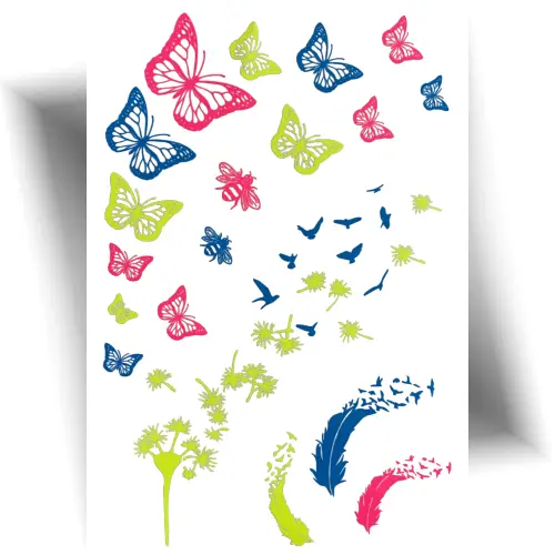 Planche de tatouage temporaire fluorescent avec papillons, oiseaux et pissenlits aux couleurs bleu fluo, rose fluo et jaune fluo, brillants sous la lumière noire.