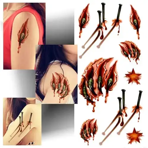 Tatouage éphémère griffes et clous 3D, créant un effet trompe-l’œil réaliste.