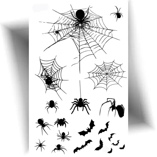 Planche de tatouages Halloween éphémères, avec des motifs d’araignées, de chauves-souris et de toiles d’araignée.
