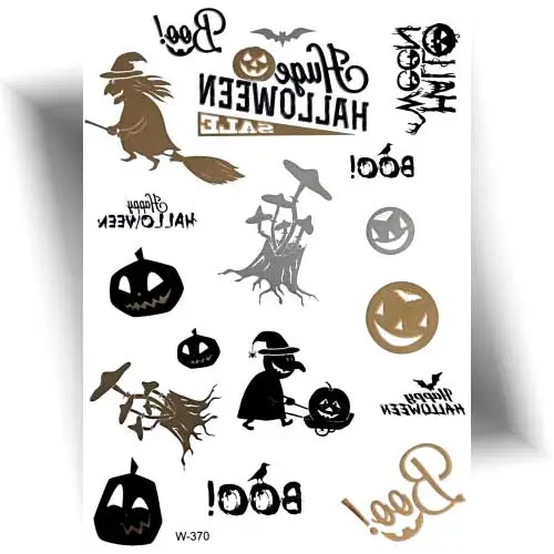 Tatouage éphémère Halloween avec 17 motifs métallisés dorés et argentés, comprenant citrouilles, sorcières et écritures festives.