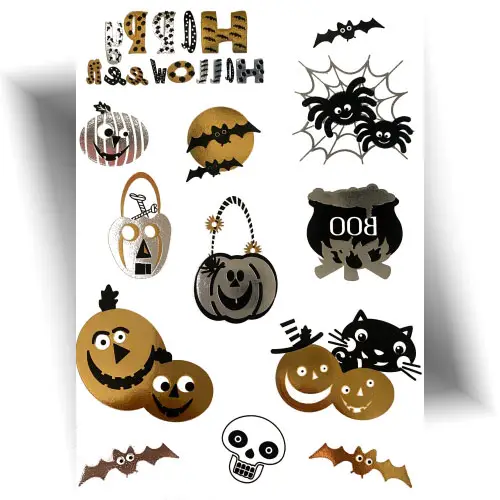 Planche de tatouages éphémères Halloween Citrouille en Folie avec 13 motifs citrouilles, araignées et chauves-souris.