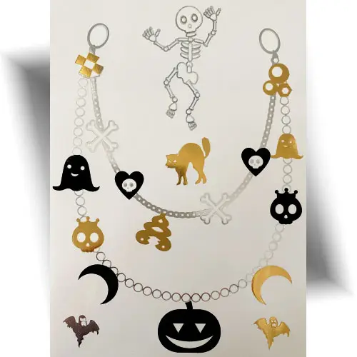 Tatouage éphémère Halloween Collier Ensorcelé – planche de tatouages temporaires phosphorescents et métallisés pour déguisements enfants et adultes.