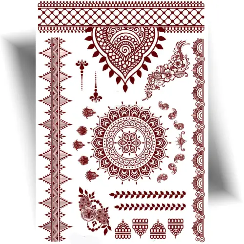 Tatouage temporaire henné avec motifs mandala, bracelets et dessins fins pour les doigts, couleur brun Mehndi réaliste, facile à appliquer.