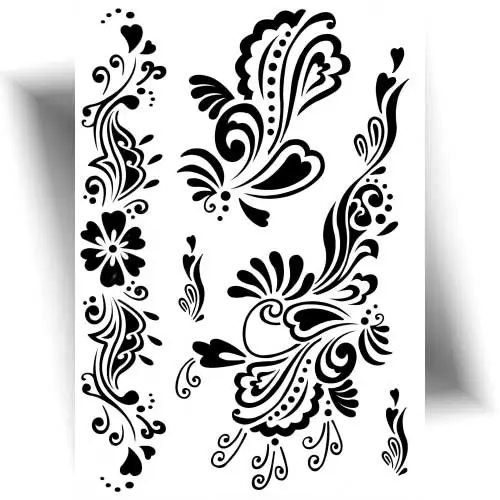 Tatouage temporaire effet henné noir avec motifs cœurs et arabesques orientales, élégant et facile à appliquer, tenue 3 à 7 jours.