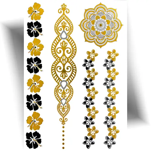 Planche de tatouages temporaires hibiscus doré avec motifs floraux, mandala et bijoux de peau pour l’été