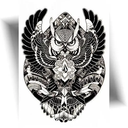 Tatouage temporaire hibou Maori noir et gris, motifs polynésiens traditionnels, symbolisant sagesse, vigilance et protection, idéal pour bras, mollet ou dos.