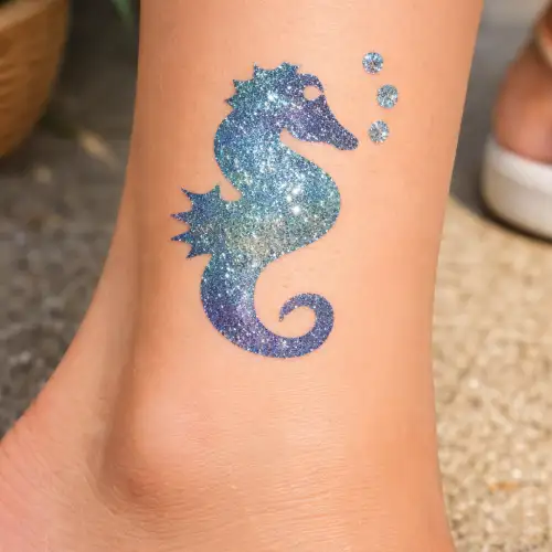 Pochoir adhésif en forme d’hippocampe utilisé pour créer un tatouage éphémère à paillettes.